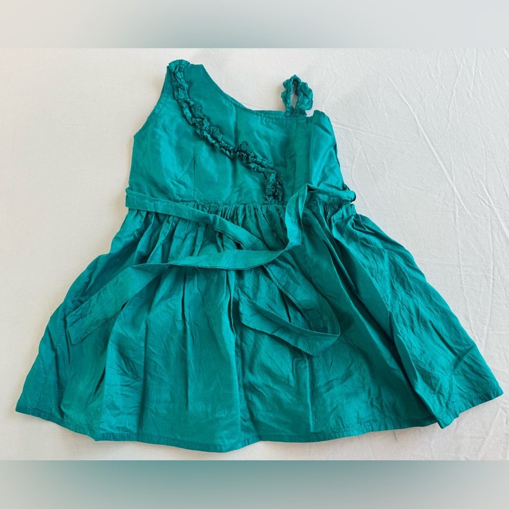 Handmade Ahimsa Silk Girls Teal One-Shoulder Ruffle Waist-Tie Dress. Brand New.